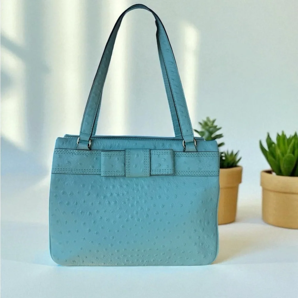 Kate Spade Robins Egg Blue Ostrich Design Embossed Leather W Bow Handbag 11x8 In